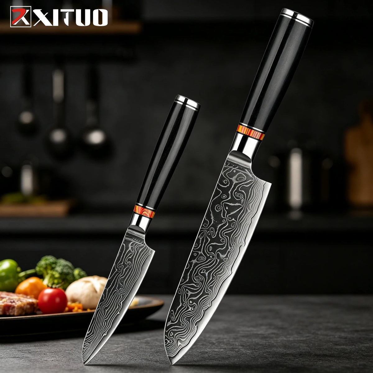XITUO Damascus Steel Kitchen Knife Set – Santoku & Nakiri Kitchen Knife Set Qst 2PCS Knife B