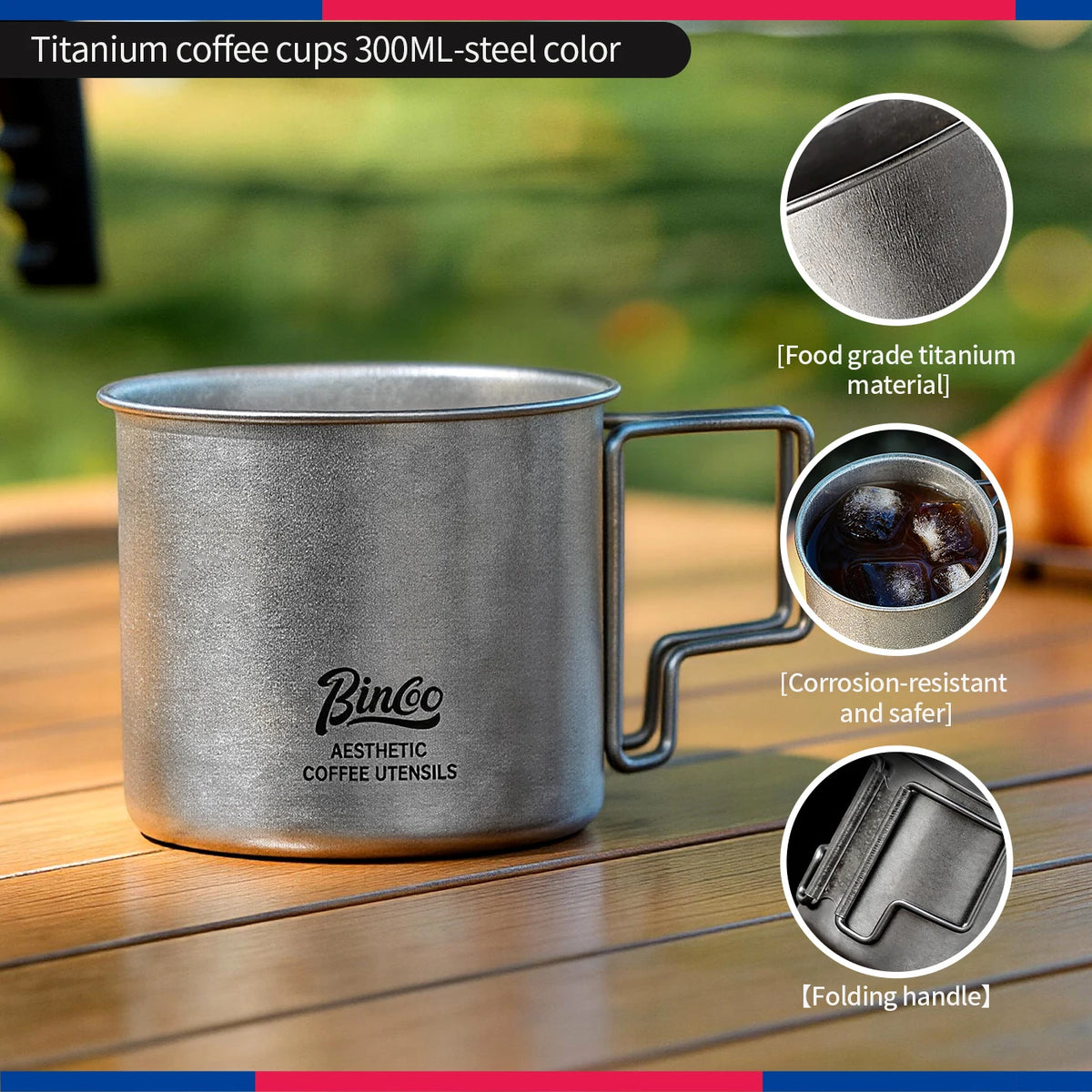 Bincoo Titanium Camping Mug 300ml 2-Pack – Ultralight Folding Handle Titanium Camping Mug Qst Dull