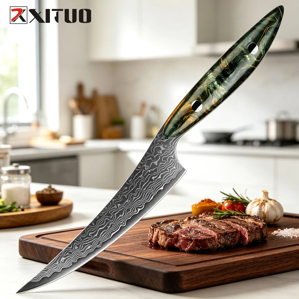 XITUO 5-Inch Damascus Steel Utility Knife – Stabilized Wood Damascus Utility Knife Qst Utility KnifeB