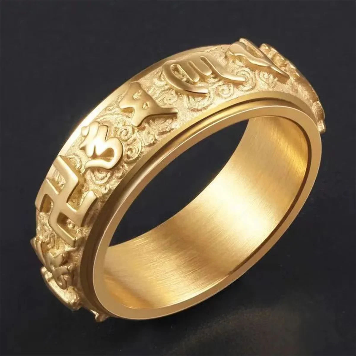 Titanium Steel Buddhist Om Mani Rotatable Ring – Men & Women Spinner Ring Qme