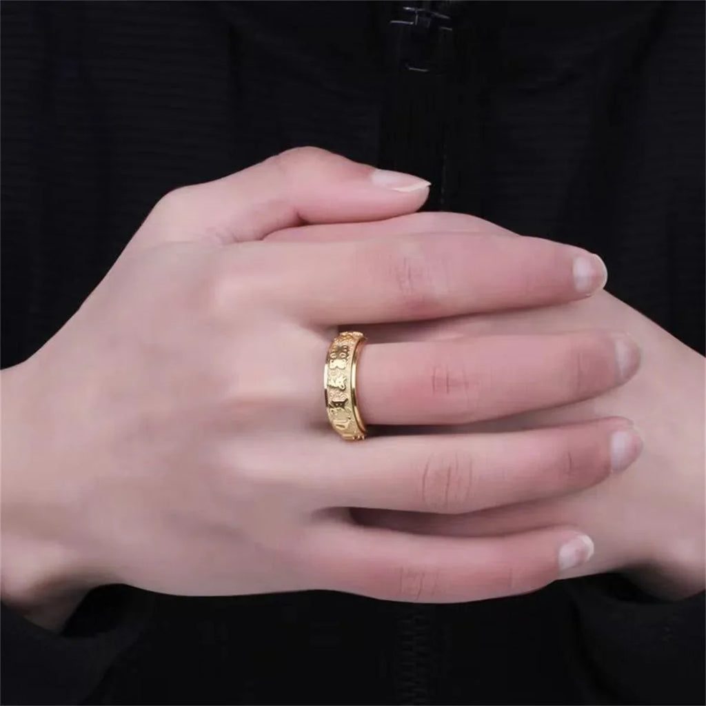 Titanium Steel Buddhist Om Mani Rotatable Ring – Men & Women Spinner Ring Qme
