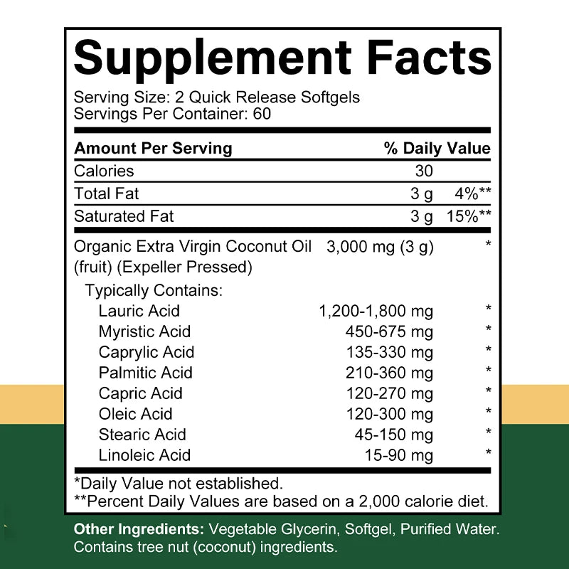 Extra Virgin Coconut Oil 3000mg Softgels | Non-GMO Supplement Coconut Oil Supplement Qst