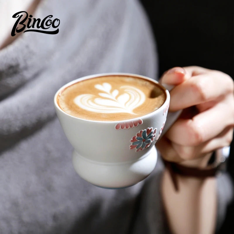 Bincoo Hand-Painted Footed Ceramic Latte Art Cup Wide Mouth Ceramic Coffee Mug Qst