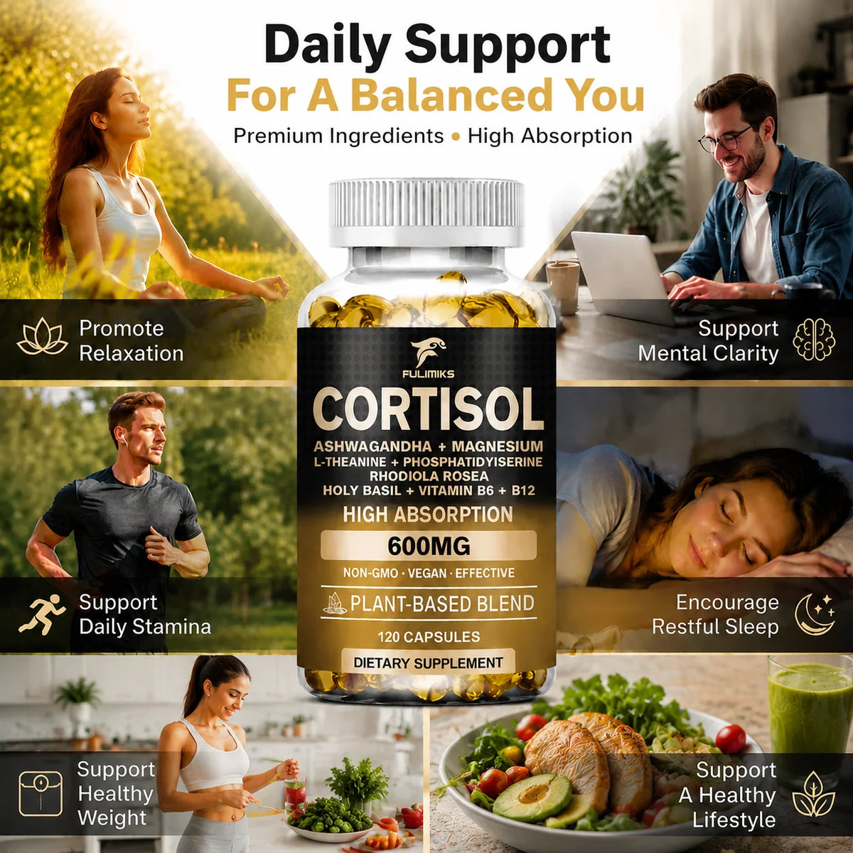 Cortisol Support Supplement – Ashwagandha, Rhodiola & L-Theanine Adaptogen Supplement Qst