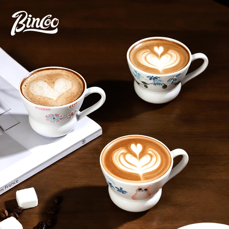 Bincoo Hand-Painted Footed Ceramic Latte Art Cup Wide Mouth Ceramic Coffee Mug Qst