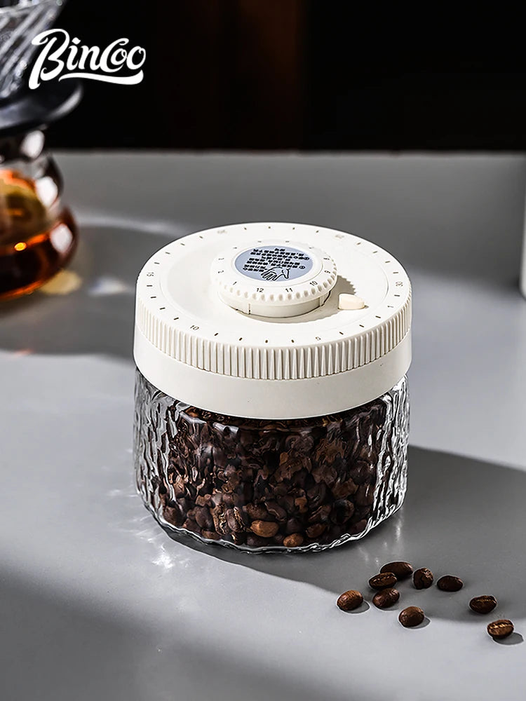 Bincoo Hammered Glass Vacuum Coffee Canister & Date Tracker Vacuum Coffee Canister Qst Ivory