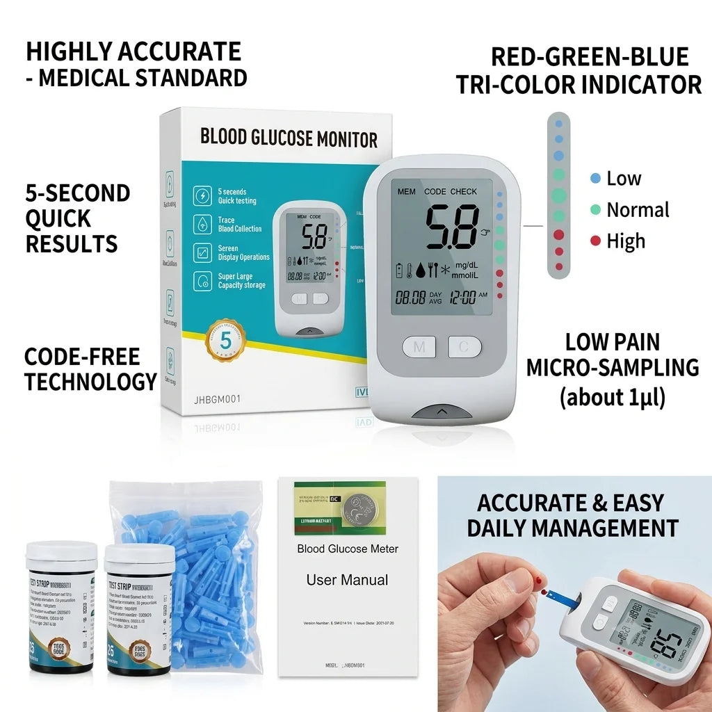 Code-Free Blood Glucose Meter – 5s Quick Test & Tri-Color Monitor Blood Glucose Meter Qst