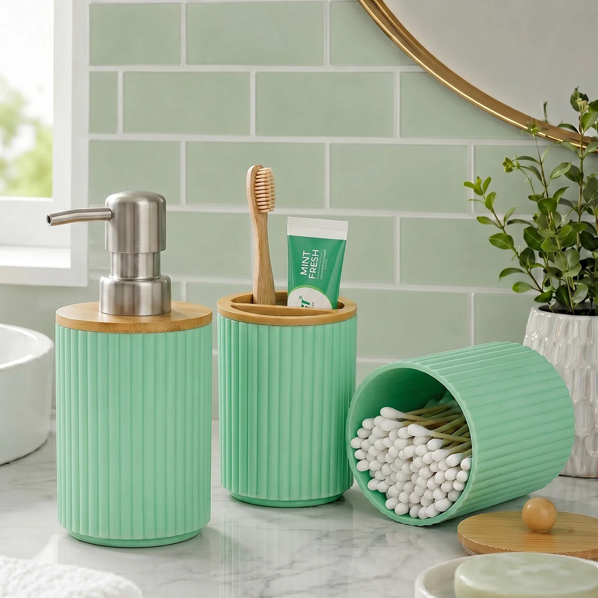 Modern Farmhouse Ribbed Bathroom Accessories Set – Mint Green Bathroom Accessories Set Qme