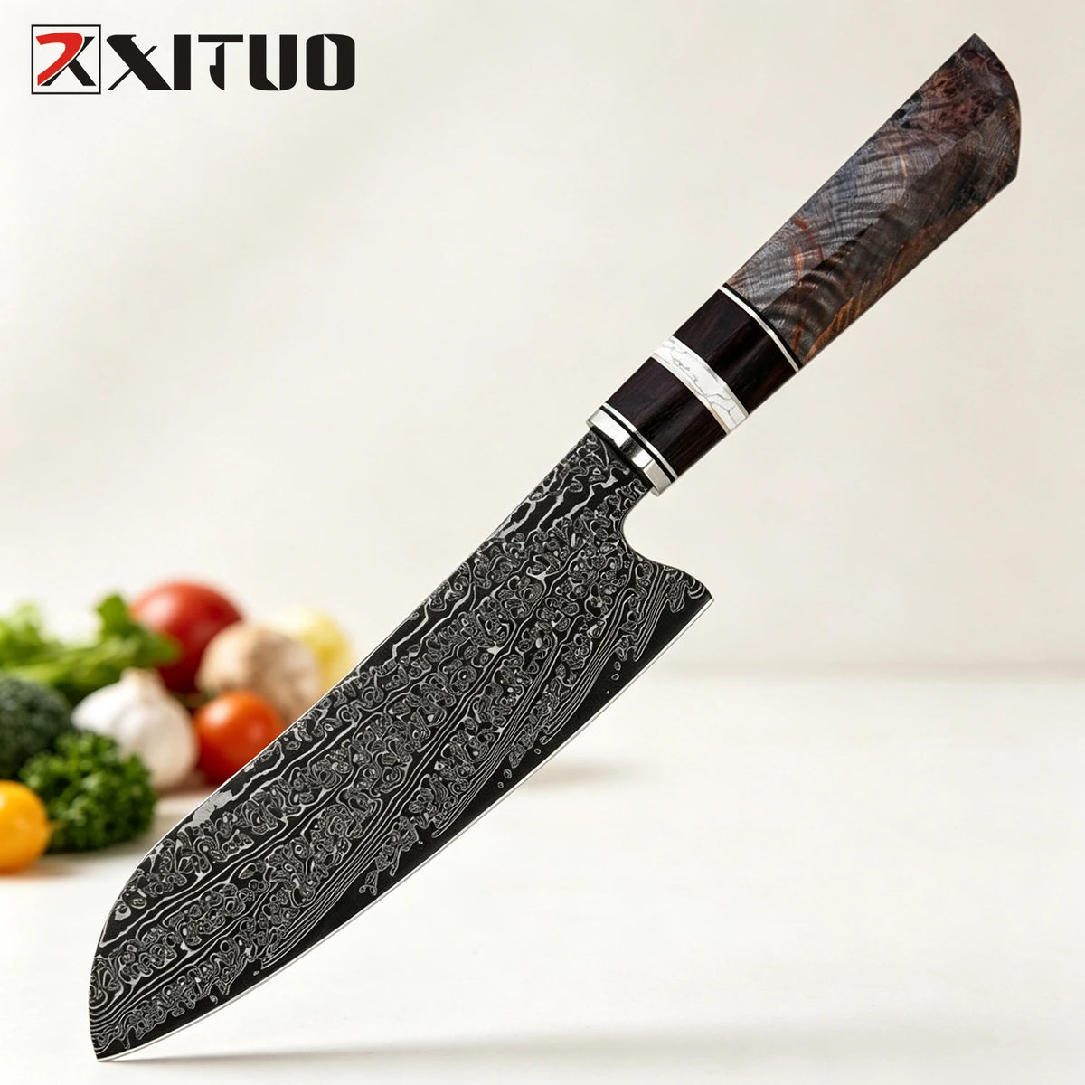 XITUO Damascus Steel Kitchen Knife Set 1–6PCS Wood Handle Kitchen Knife Set Qst Santoku Knife