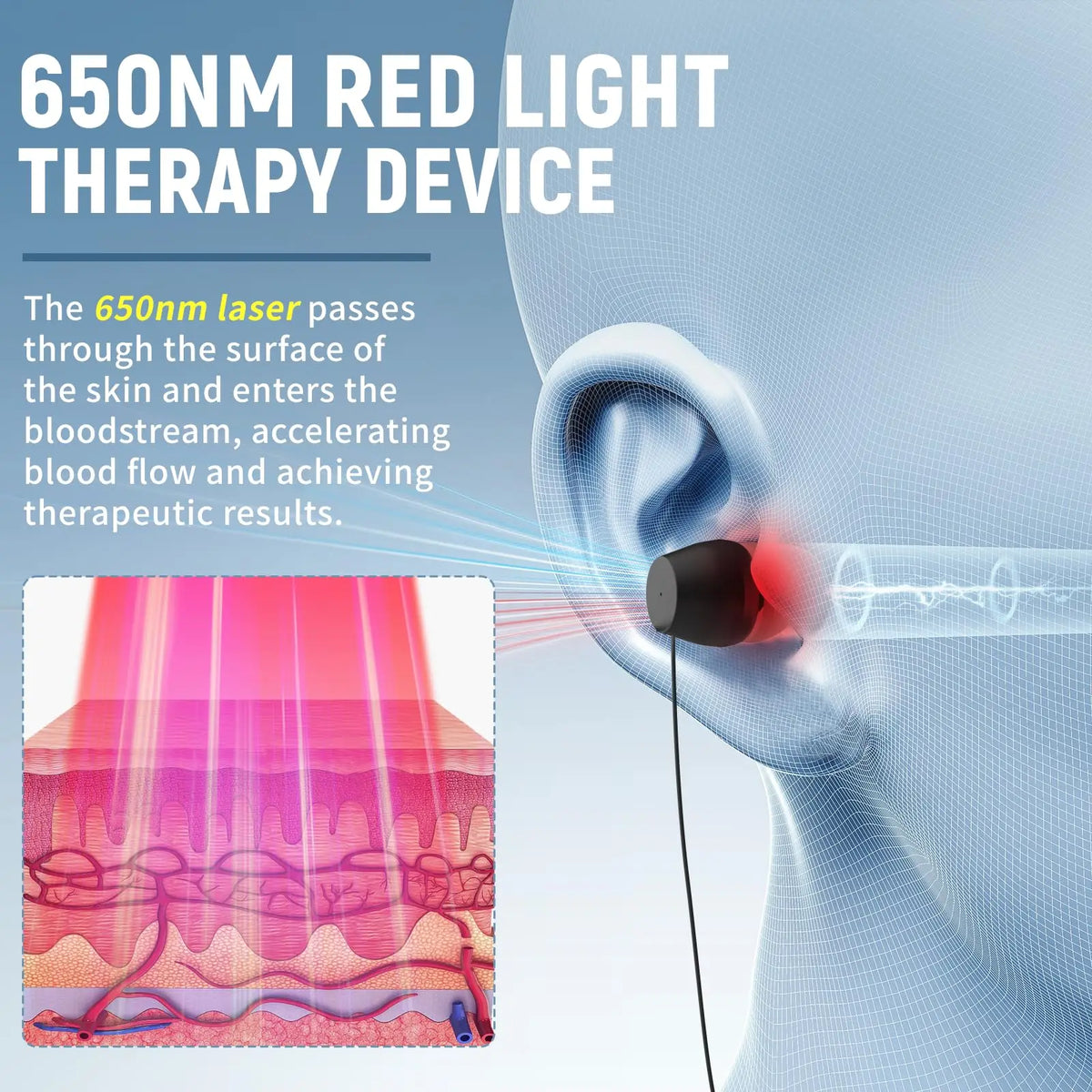 650nm Red Light Ear Therapy Device – 3 Levels & 3 Ear Tips Red Light Therapy Device Qst