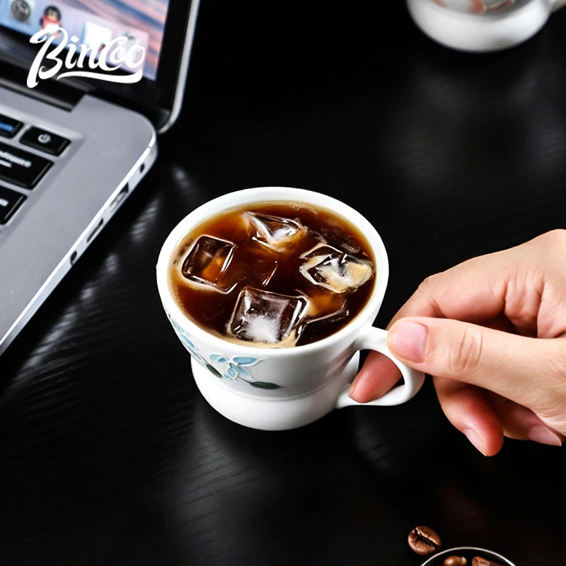 Bincoo Hand-Painted Footed Ceramic Latte Art Cup Wide Mouth Ceramic Coffee Mug Qst