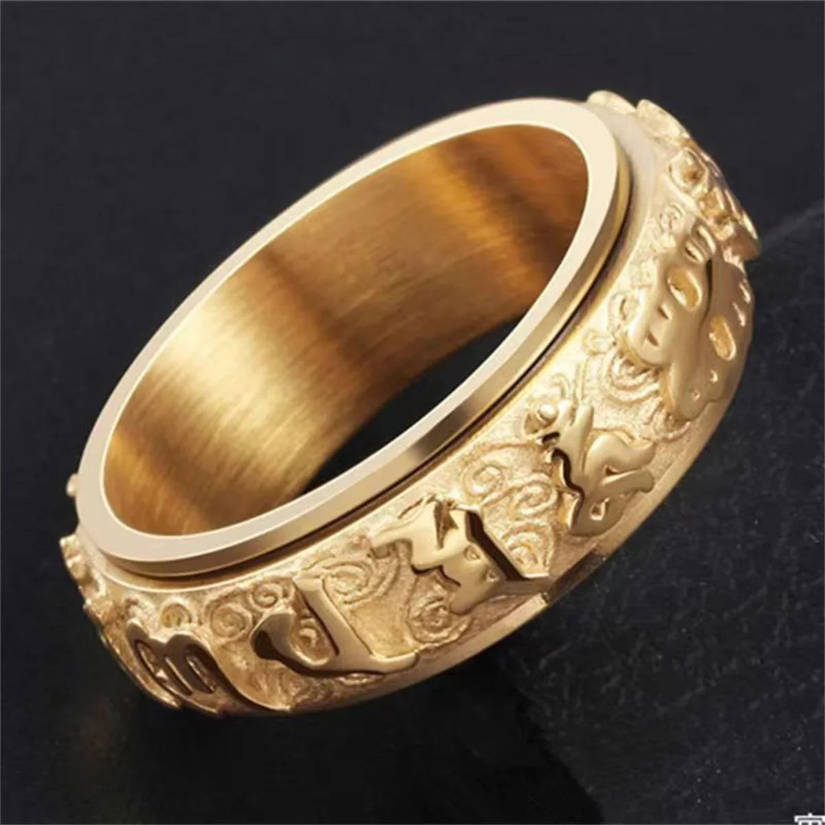 Titanium Steel Buddhist Om Mani Rotatable Ring – Men & Women Spinner Ring Qme