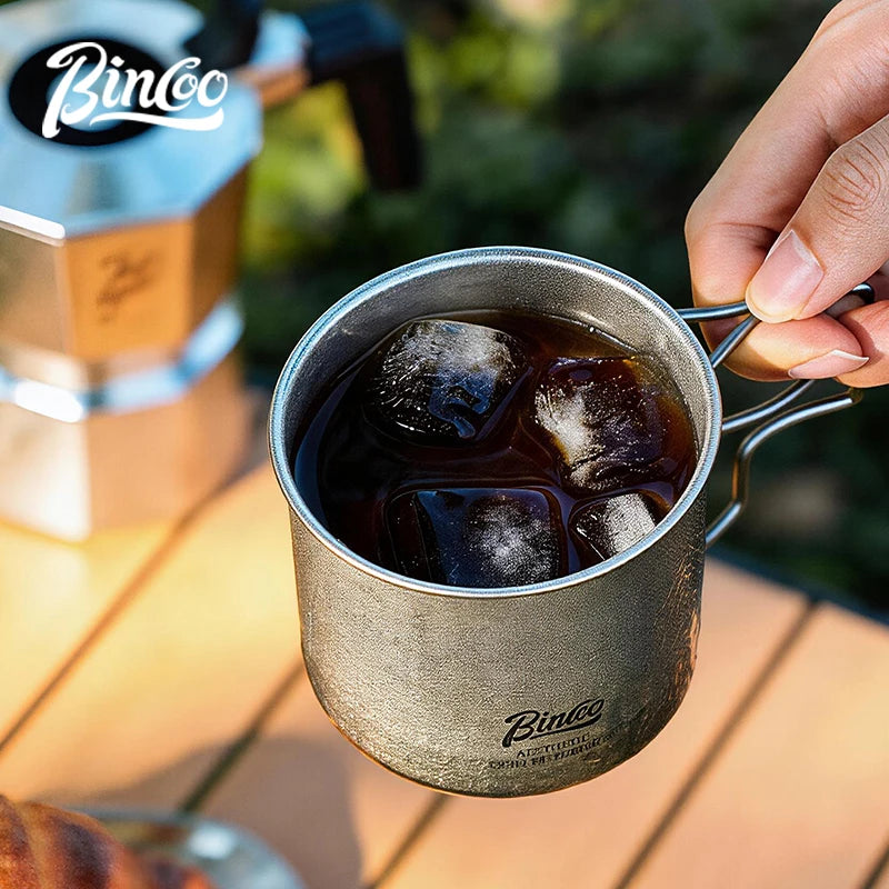 Bincoo Titanium Camping Mug 300ml 2-Pack – Ultralight Folding Handle Titanium Camping Mug Qst