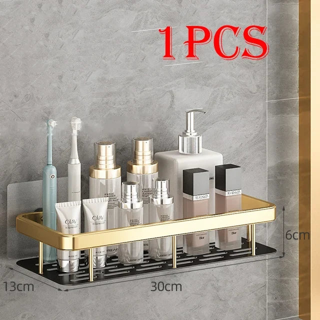 Wall Mounted Bathroom Shelf Rack – Space Aluminum Organizer Bathroom Wall Shelf Qme gold-B-1Pcs