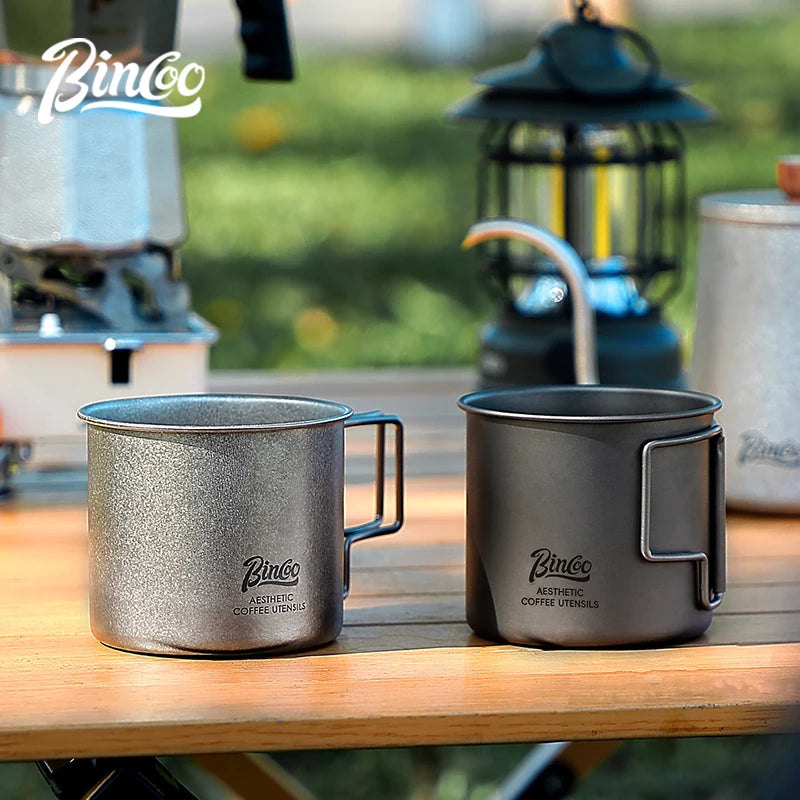 Bincoo Titanium Camping Mug 300ml 2-Pack – Ultralight Folding Handle Titanium Camping Mug Qst