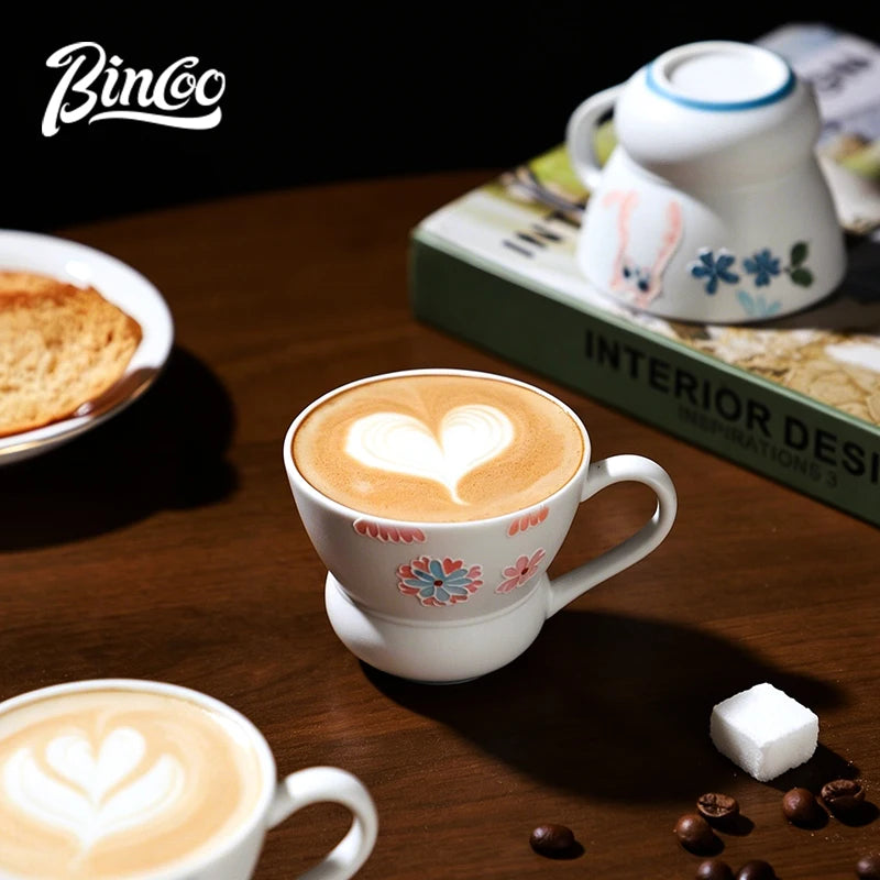 Bincoo Hand-Painted Footed Ceramic Latte Art Cup Wide Mouth Ceramic Coffee Mug Qst
