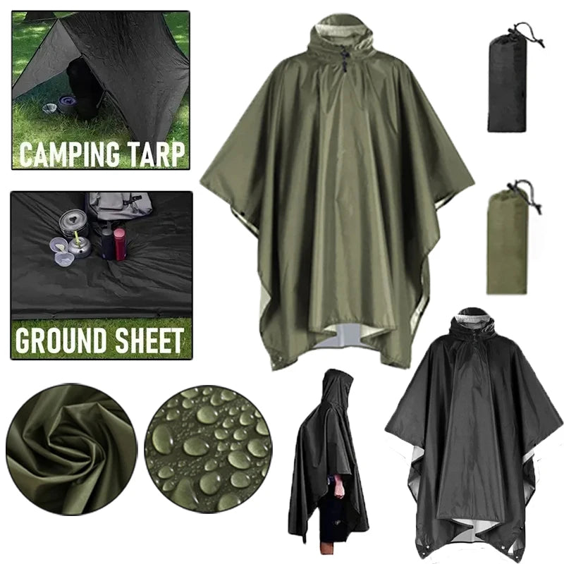 3-in-1 Waterproof Military Rain Poncho for Camping & Hiking Waterproof Rain Poncho Qst