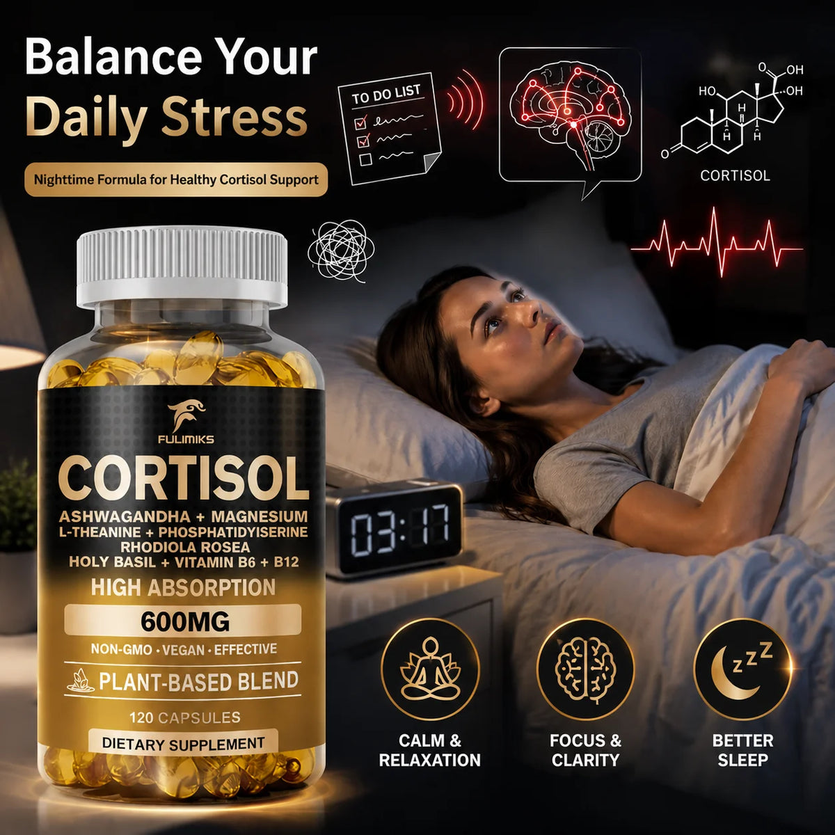 Cortisol Support Supplement – Ashwagandha, Rhodiola & L-Theanine Adaptogen Supplement Qst