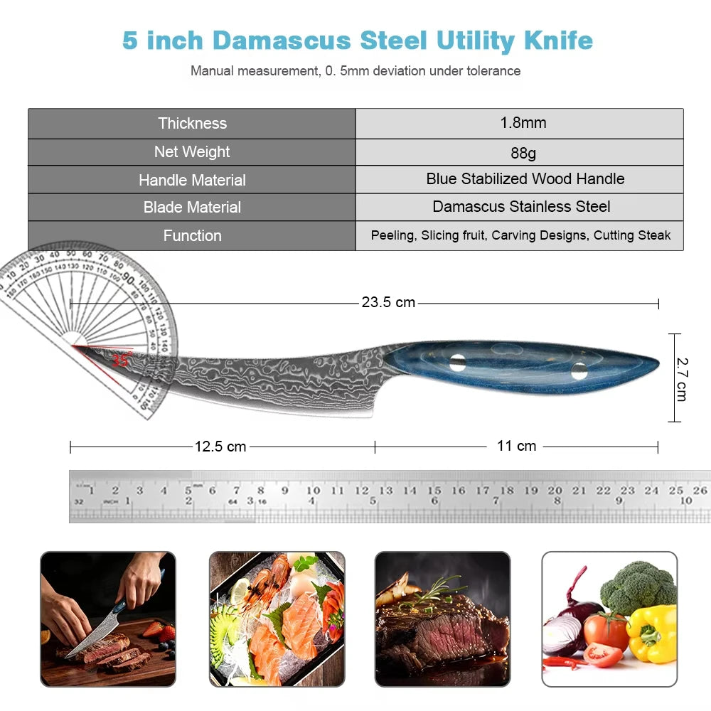 XITUO Damascus Steel 5" Utility Knife – Full Tang Wood Handle Utility Kitchen Knife Qst