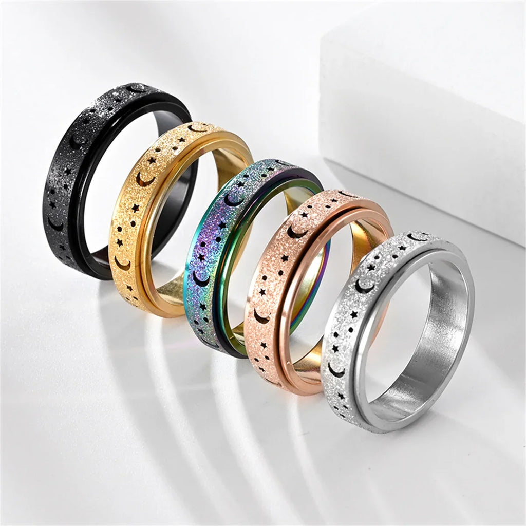 Frosted Stainless Steel Moon & Star Fidget Spinner Ring for Men Fidget Spinner Ring Qme