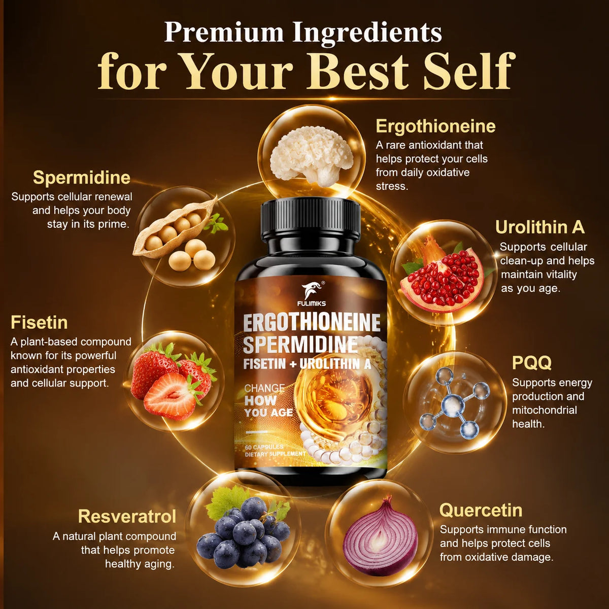 Ergothioneine Spermidine Capsules with Urolithin A & PQQ Longevity Supplement Qst