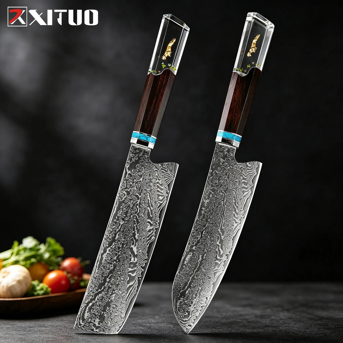 XITUO 6-Piece Damascus Steel Kitchen Knife Set – Resin Handle Kitchen Knife Set Qst 2PCS Knife1