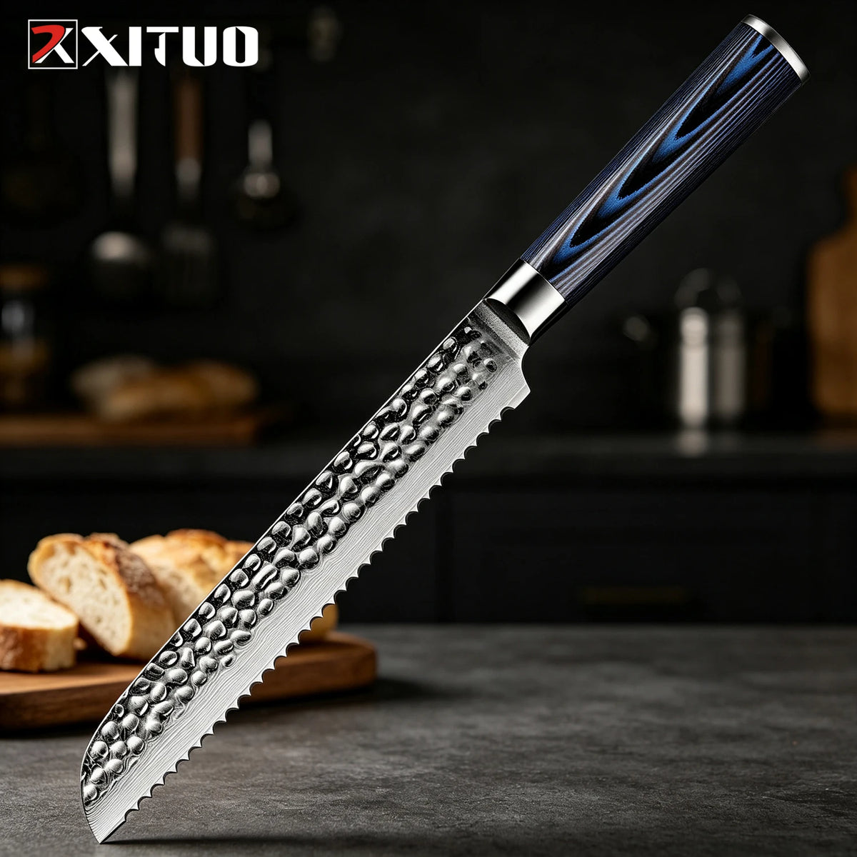 XITUO 4-Piece Damascus Steel Kitchen Knife Set – Hammered Kitchen Knife Set Qst Bread Knife