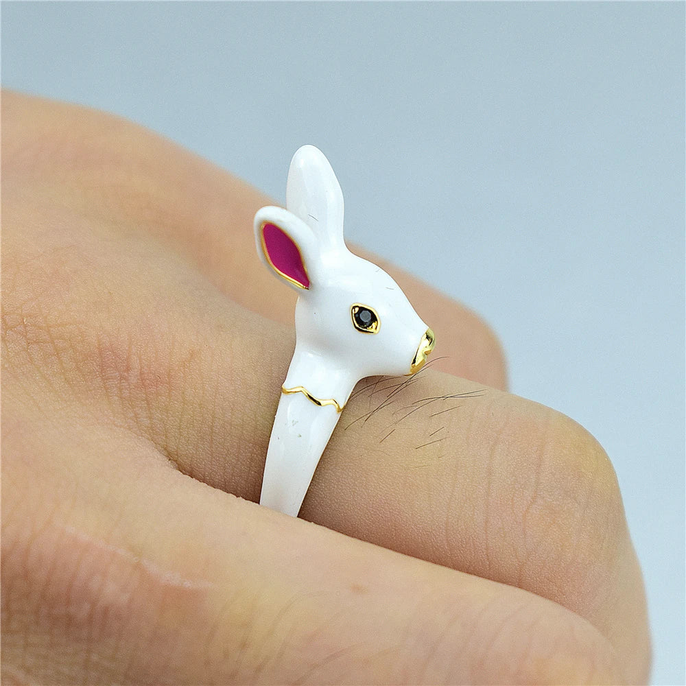 Cute Enamel Rabbit Heart Ring – Adjustable Kawaii Jewelry Enamel Fashion Ring Qme
