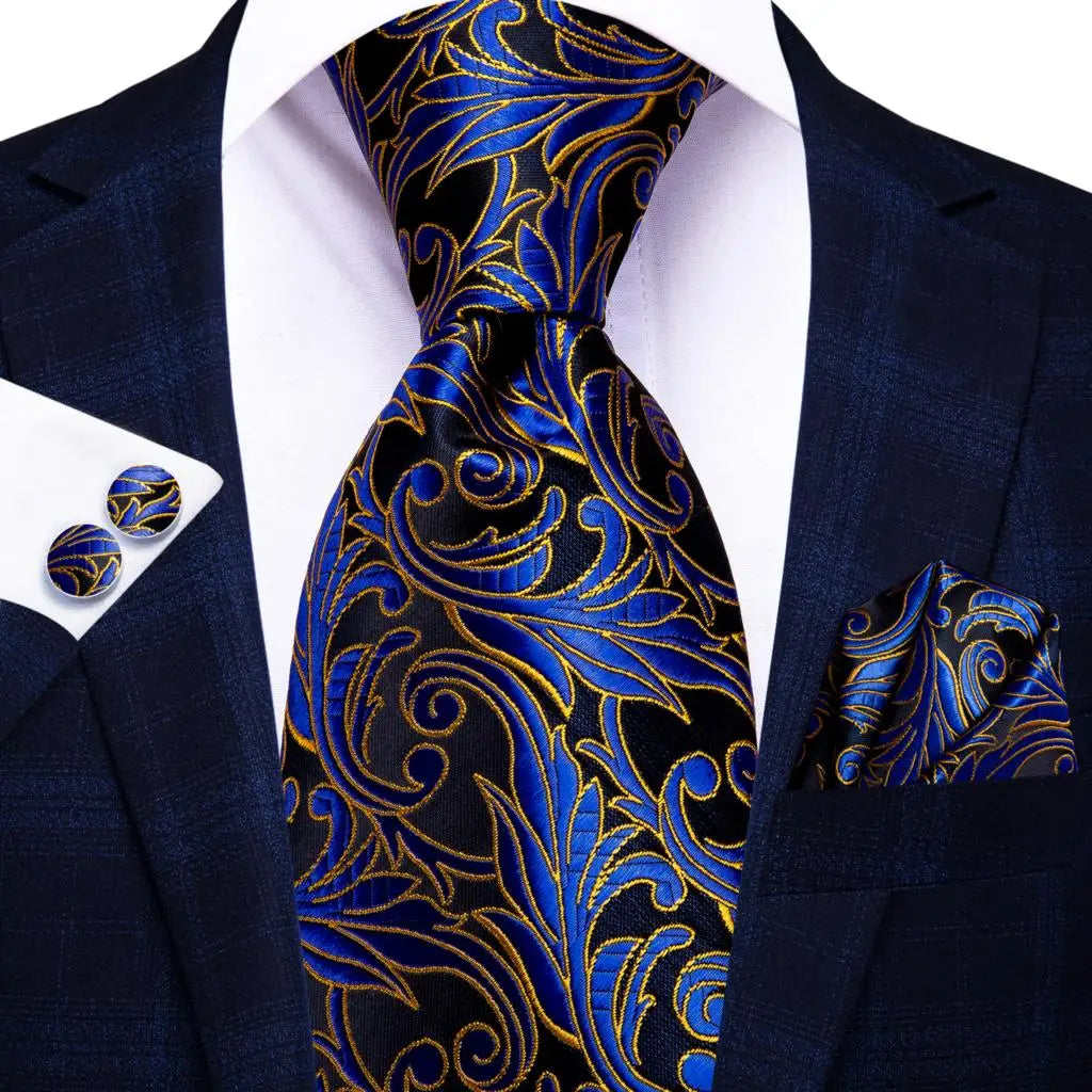 Jacquard Peacock Blue Wedding Tie, Hanky & Cufflinks Set Necktie Gift Set Qme 3347