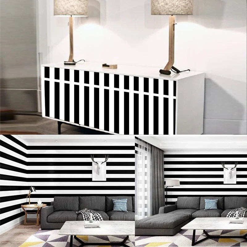 Black & White Stripe Peel and Stick Wallpaper – Vinyl Waterproof Peel & Stick Wallpaper Qme