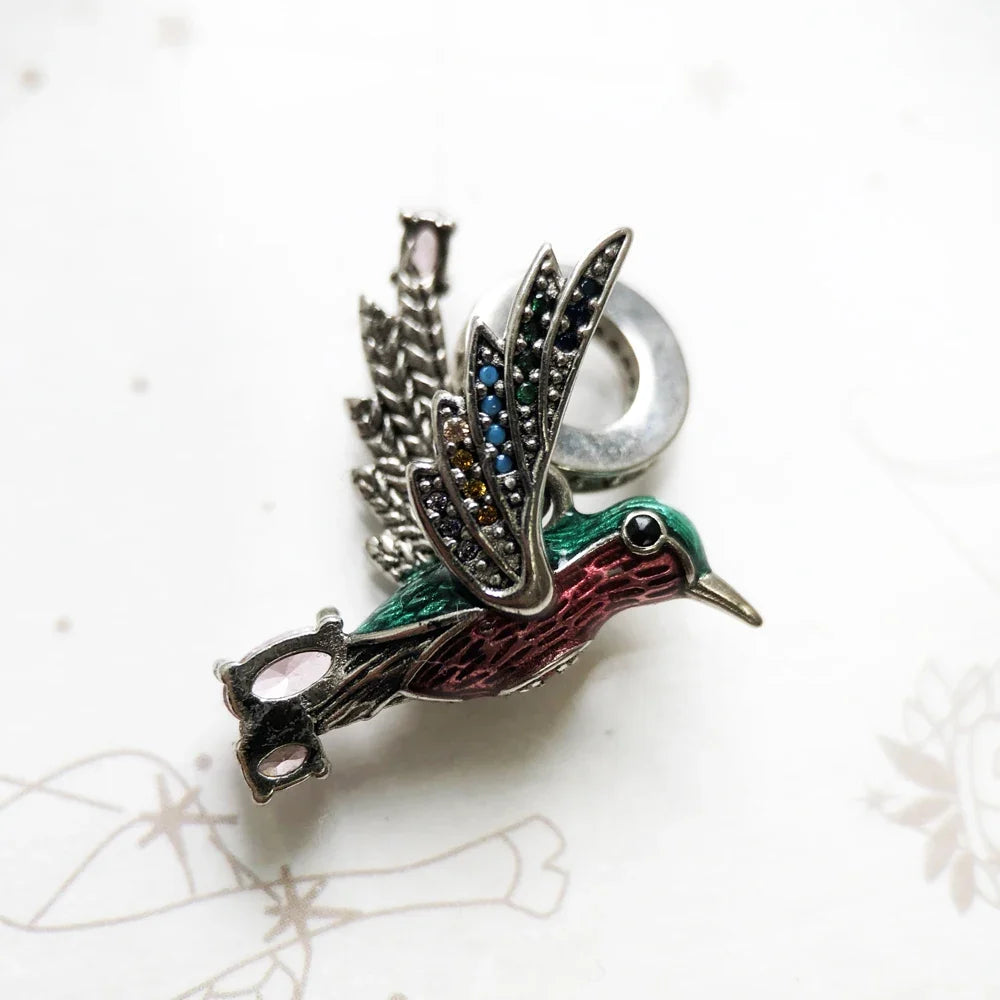 Colourful Hummingbird 925 Sterling Silver Dangle Charm Pendant Sterling Silver Pendant Qme