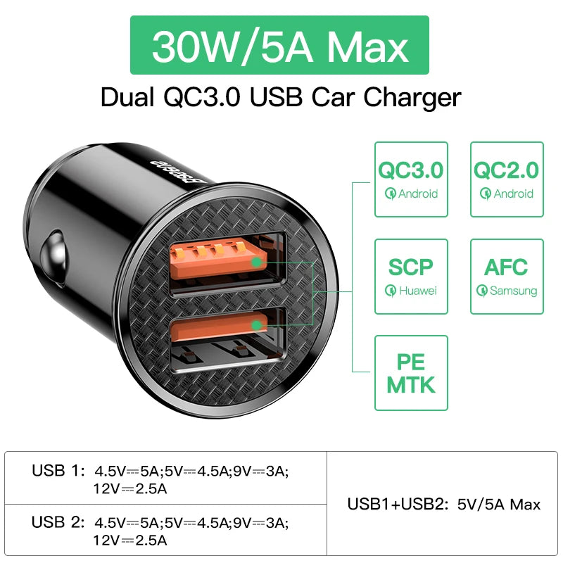 Baseus 30W Car Charger QC 4.0 PD USB-C Fast Charging Car Charger Qst