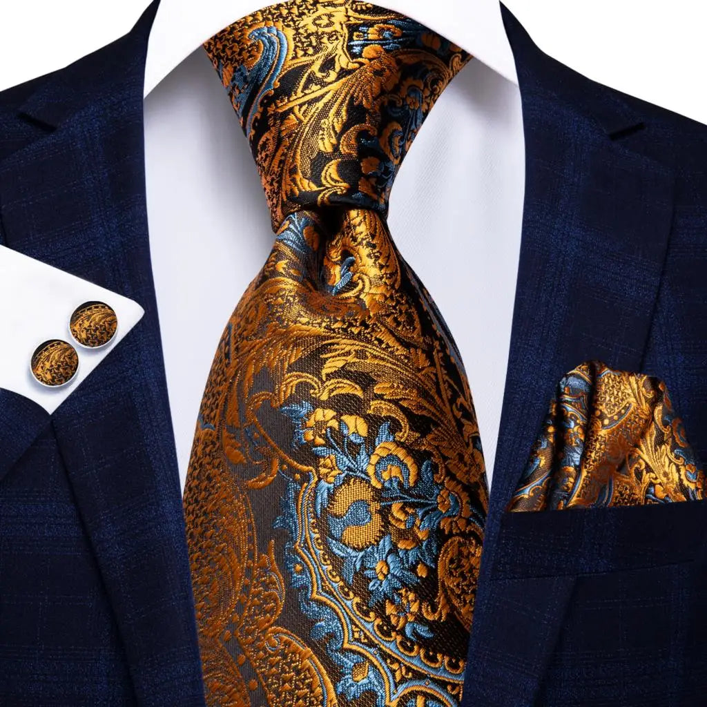 Jacquard Peacock Blue Wedding Tie, Hanky & Cufflinks Set