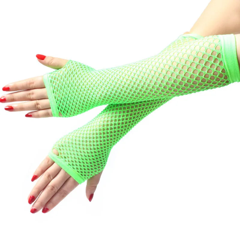 Women's Neon Fishnet Fingerless Long Gloves – Arm & Leg Cuff Fishnet Arm Warmers Qme green Length -26cm