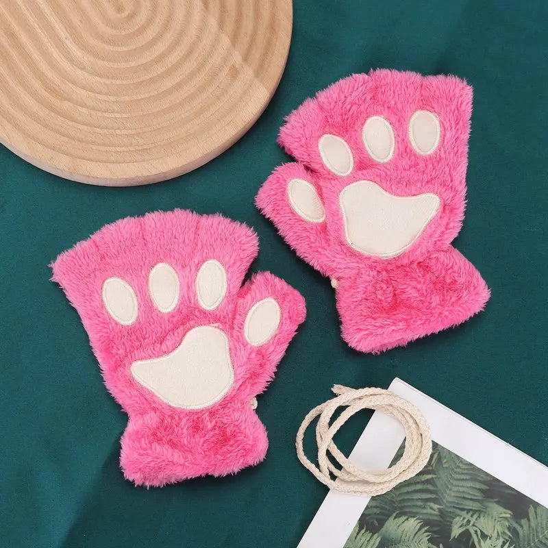 Women's Cat Paw Fingerless Gloves – Cute Plush Kitten Mittens Fingerless Mittens Qme Rose Red One Size