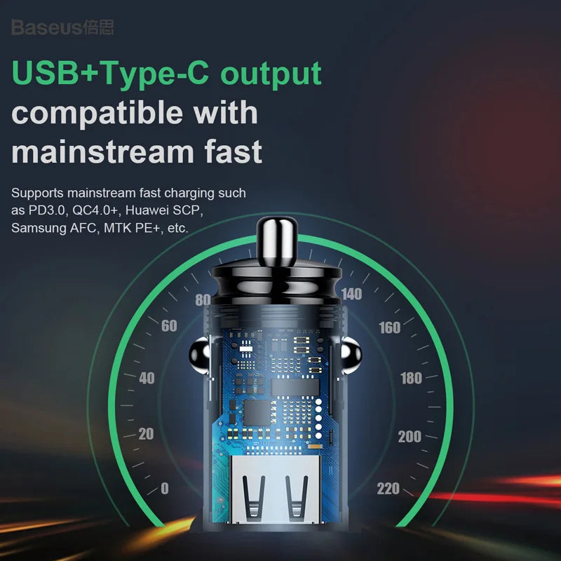 Baseus 30W Car Charger QC 4.0 PD USB-C Fast Charging Car Charger Qst
