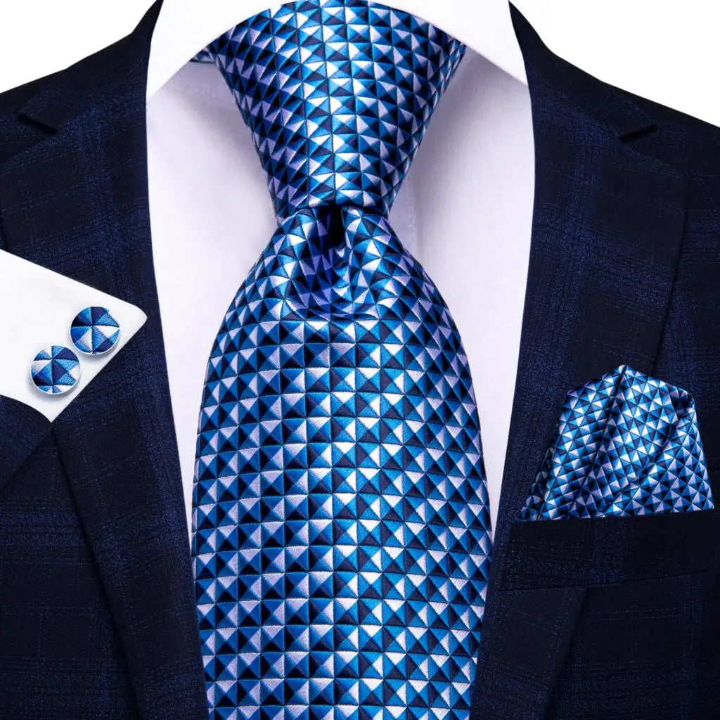 Jacquard Peacock Blue Wedding Tie, Hanky & Cufflinks Set