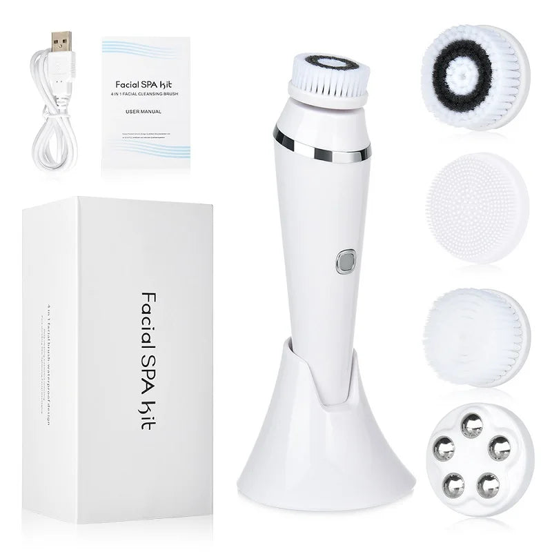 4-in-1 Electric Facial Cleansing Brush | Rechargeable IPX7 Facial Cleansing Brush Qst White