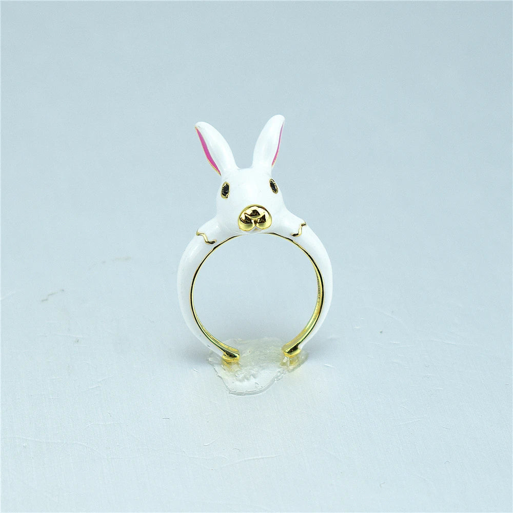 Cute Enamel Rabbit Heart Ring – Adjustable Kawaii Jewelry Enamel Fashion Ring Qme WHITE