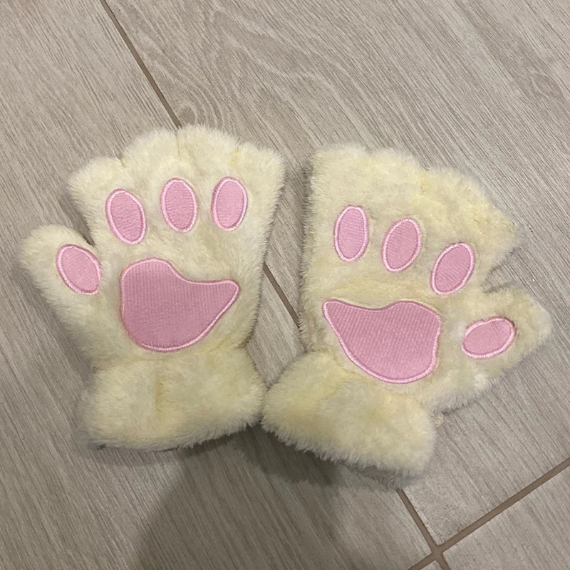 Women's Cat Paw Fingerless Gloves – Cute Plush Kitten Mittens Fingerless Mittens Qme