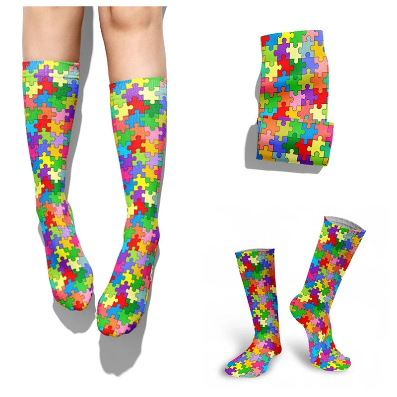 Women's Puzzle Print Socks – Colorful, Comfortable, One Size Novelty Print Socks Qme