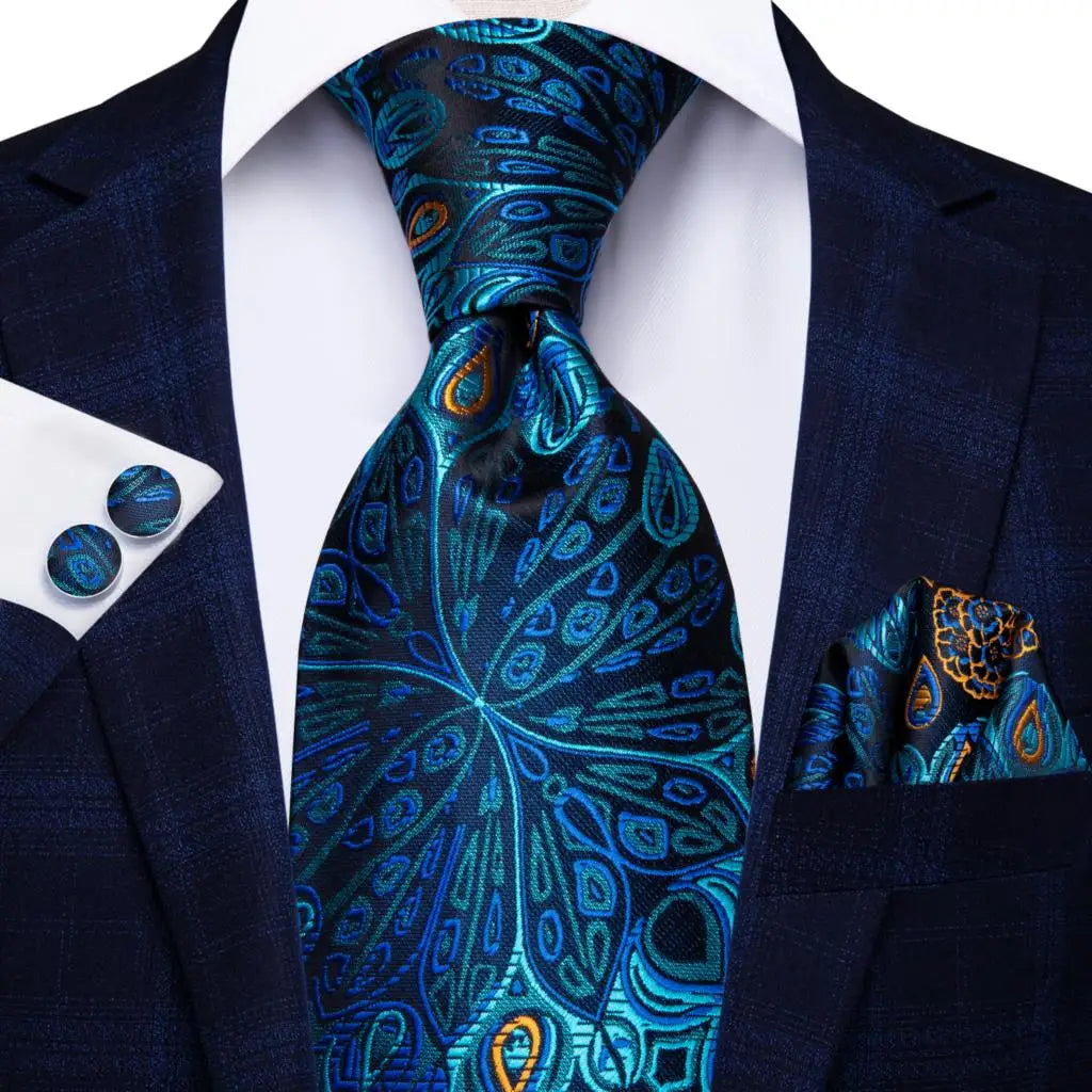 Jacquard Peacock Blue Wedding Tie, Hanky & Cufflinks Set Necktie Gift Set Qme