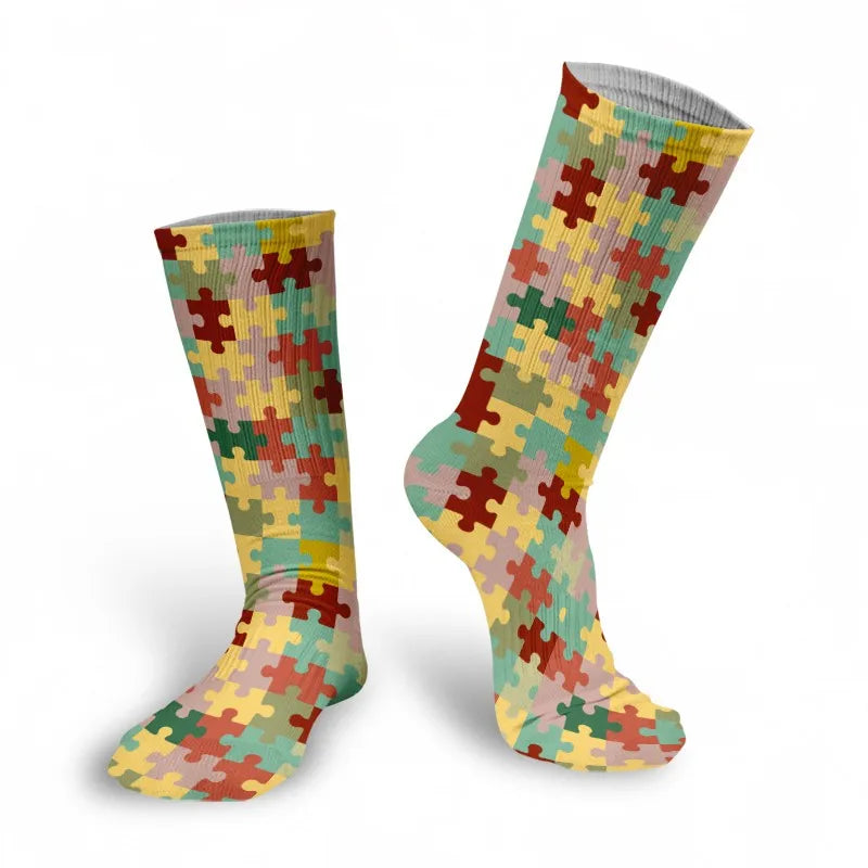 Women's Puzzle Print Socks – Colorful, Comfortable, One Size Novelty Print Socks Qme