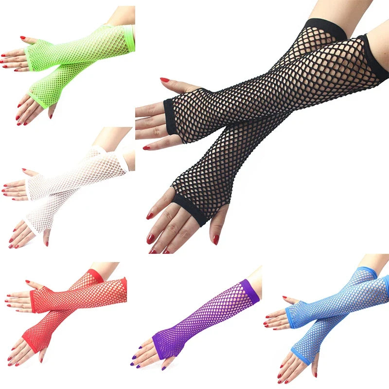 Women's Neon Fishnet Fingerless Long Gloves – Arm & Leg Cuff Fishnet Arm Warmers Qme