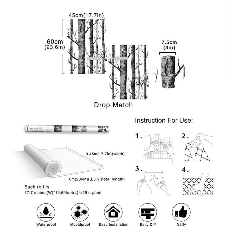 Birch Forest 3D Peel & Stick Wallpaper – Self-Adhesive PVC Roll Peel & Stick Wallpaper Qme