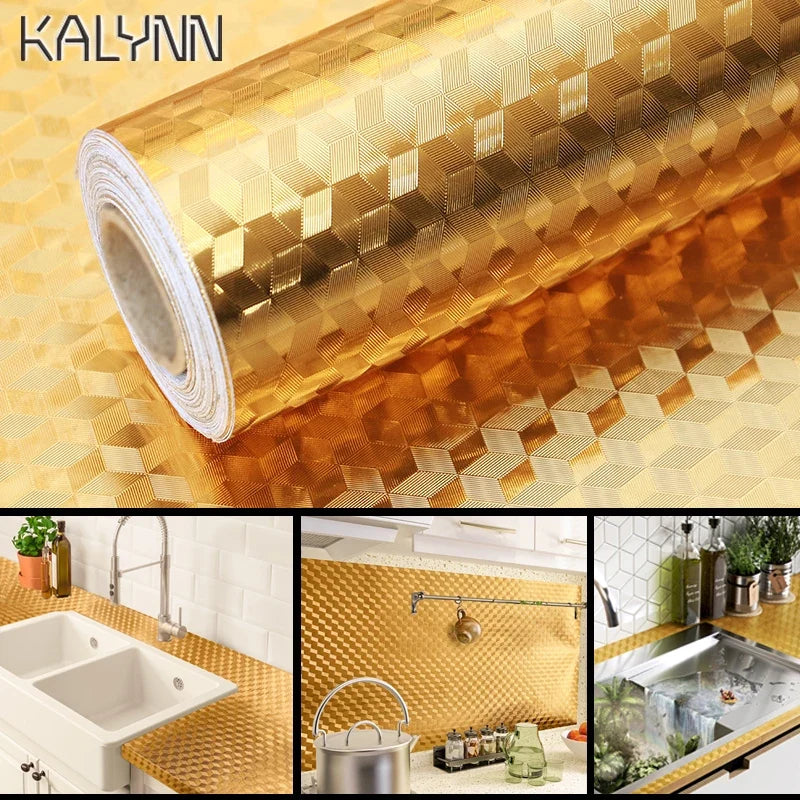 Gold Metallic Self-Adhesive Wallpaper | Waterproof Kitchen Foil Self-Adhesive Wallpaper Qme