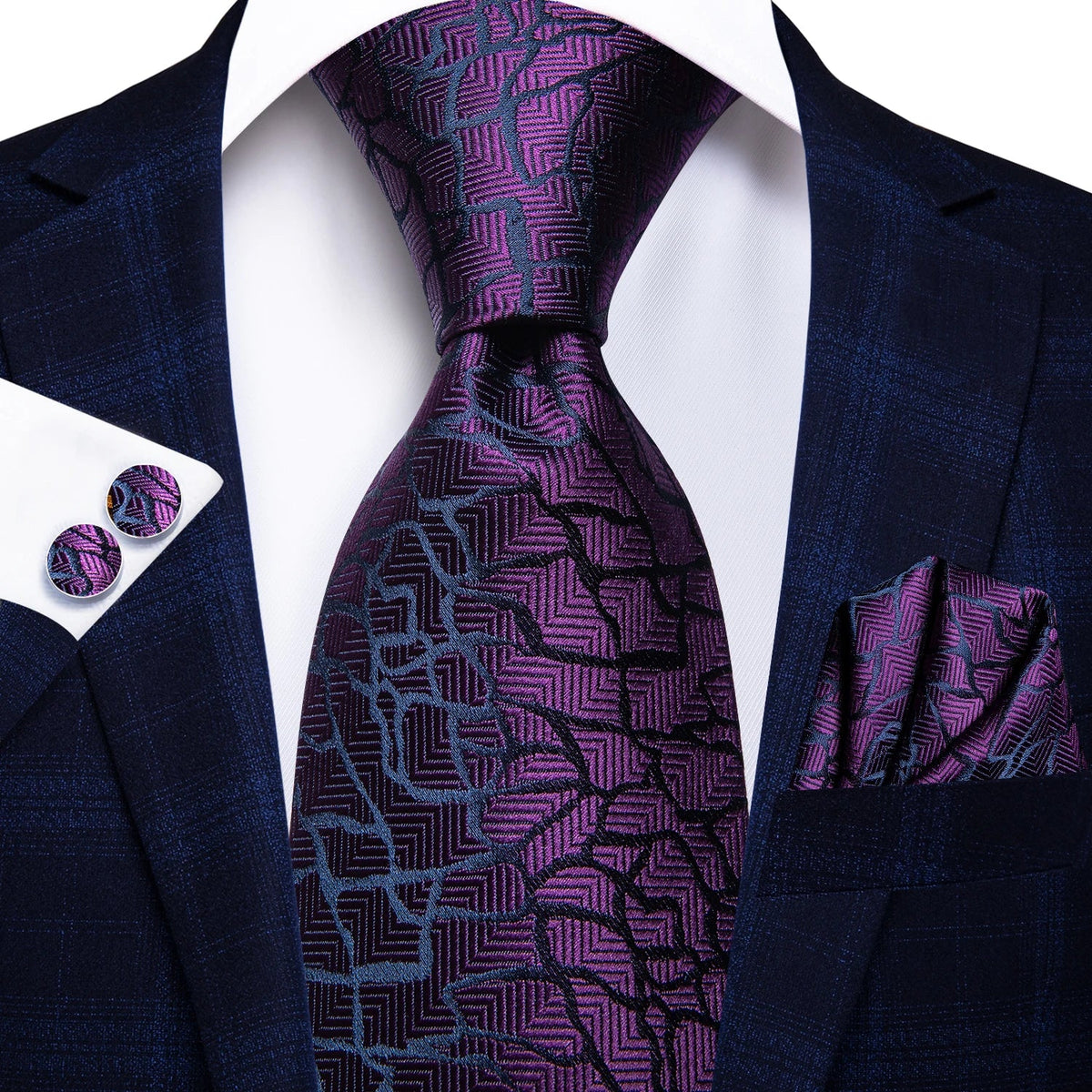 Jacquard Peacock Blue Wedding Tie, Hanky & Cufflinks Set Necktie Gift Set Qme