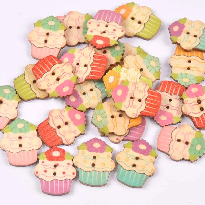 Vintage Cartoon Painted Wooden Buttons 2-Hole | 15 Colors, 15–35mm Wooden Sewing Buttons Qme