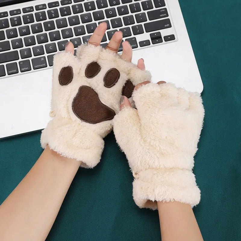 Women's Cat Paw Fingerless Gloves – Cute Plush Kitten Mittens Fingerless Mittens Qme Beige One Size