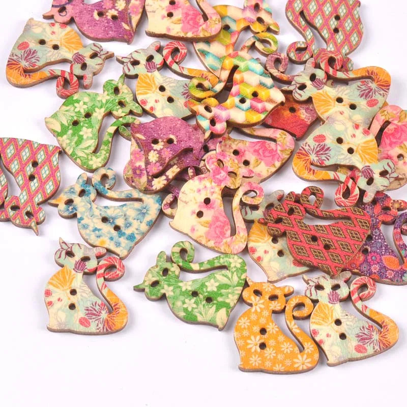 Vintage Cartoon Painted Wooden Buttons 2-Hole | 15 Colors, 15–35mm Wooden Sewing Buttons Qme 13